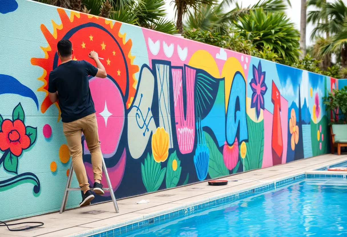 Artists painting a colorful mural near a pool at Kimpton Brice Hotel in Savannah