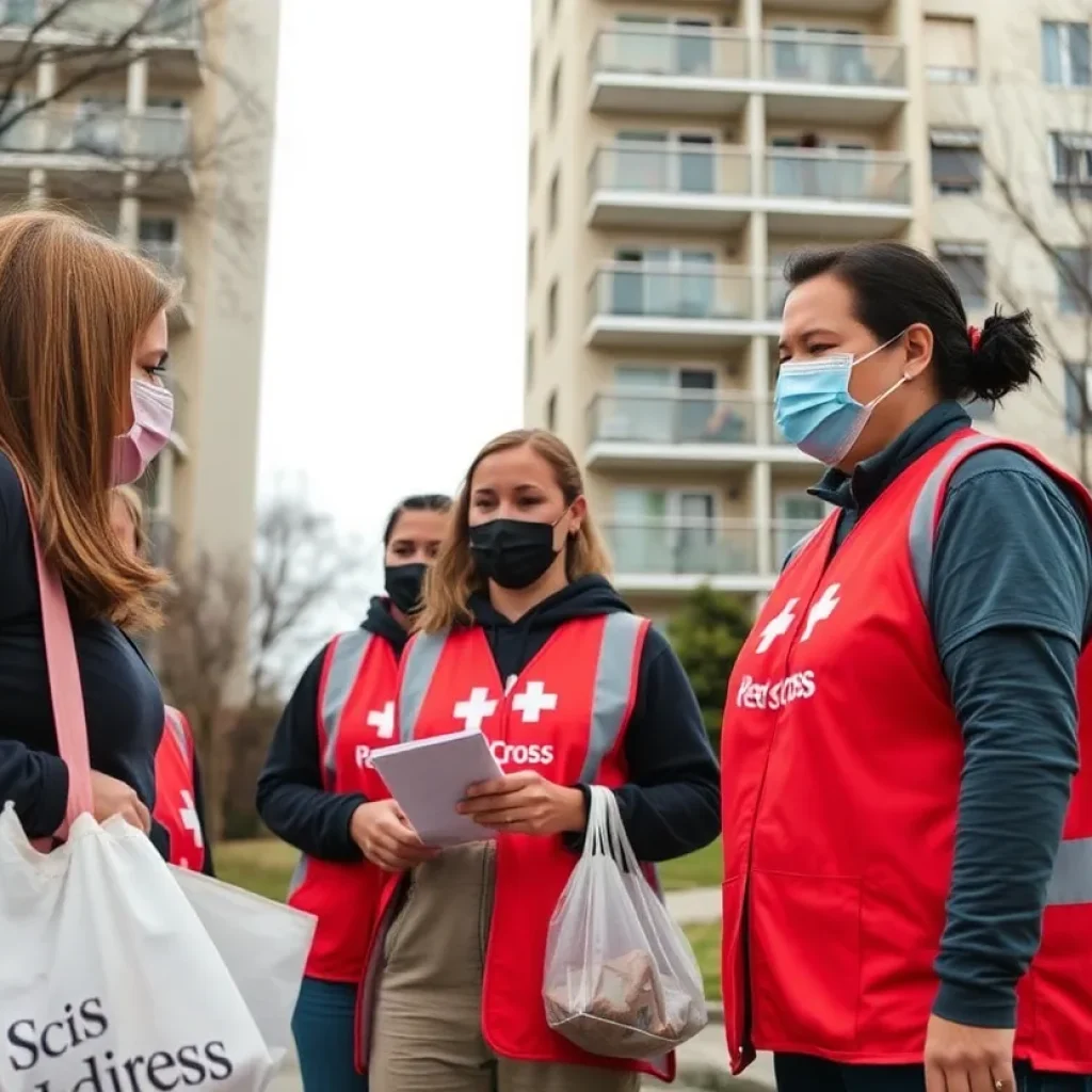 Red Cross volunteers assisting families after an apartment fire in Savannah