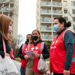 Red Cross volunteers assisting families after an apartment fire in Savannah