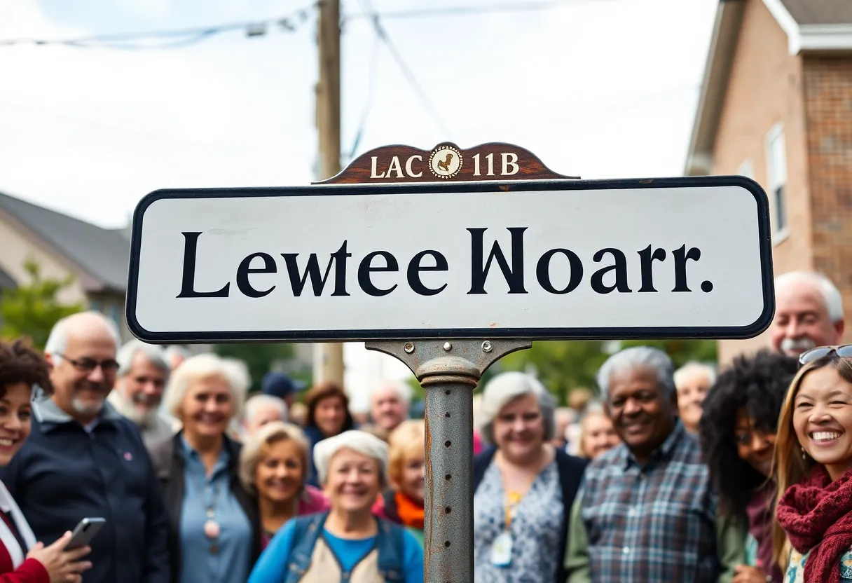 Street sign for Rev. Matthew Southall Brown, Sr. Way with community members gathered
