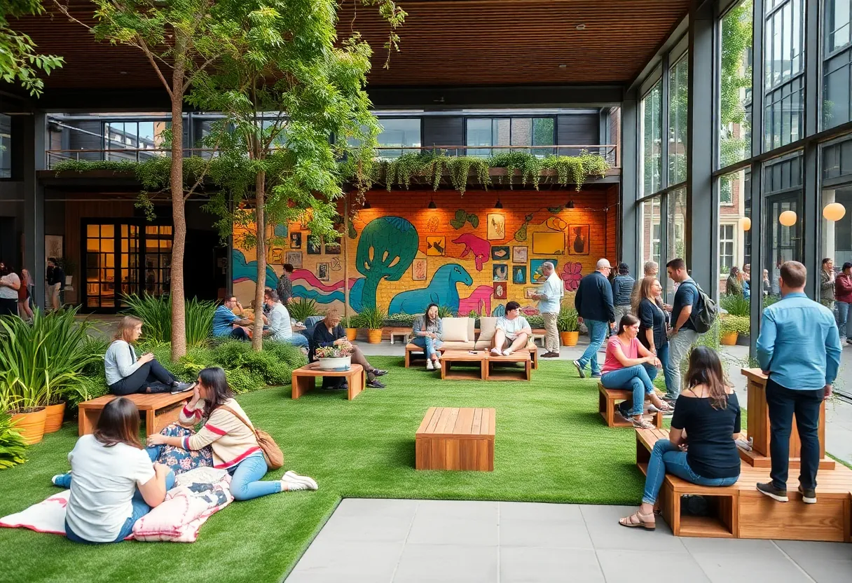Cozy outdoor space at Savannah's new alcohol-free oasis with vibrant art and grassy areas.