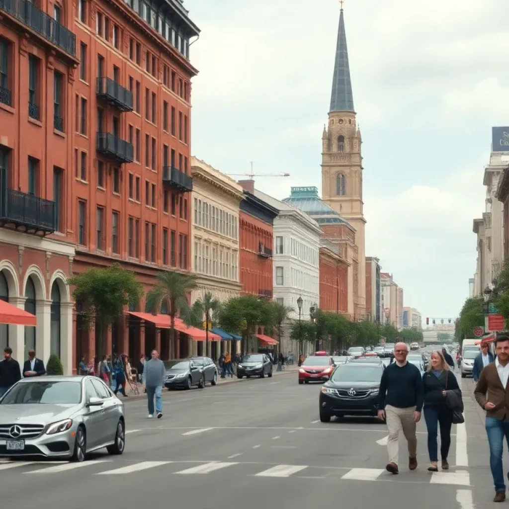 View of Savannah cityscape bustling with activity