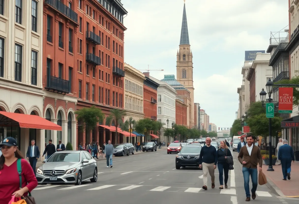 View of Savannah cityscape bustling with activity