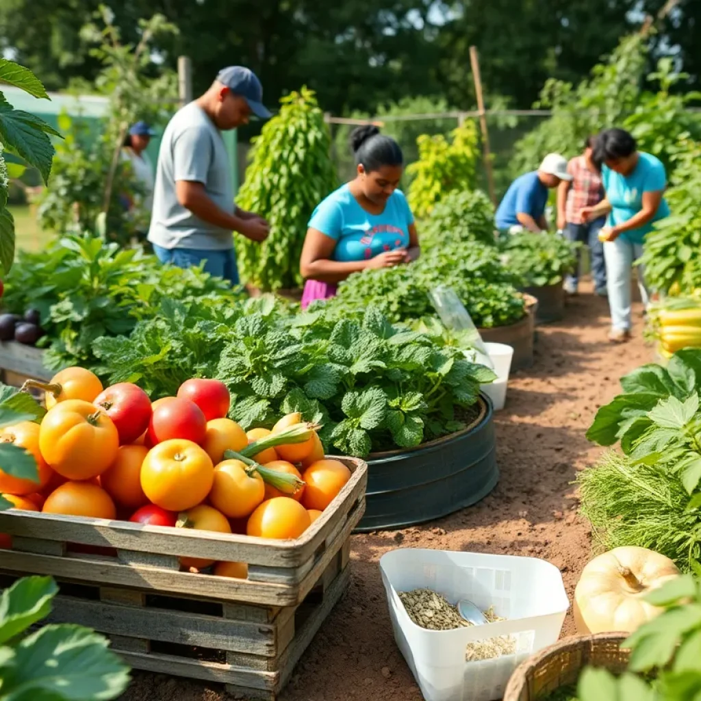 Community members participating in a healthy eating workshop in a garden setting