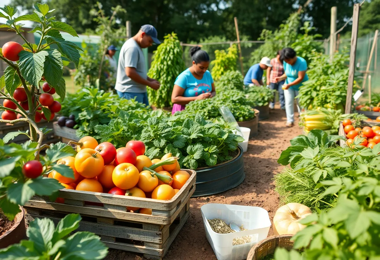 Community members participating in a healthy eating workshop in a garden setting