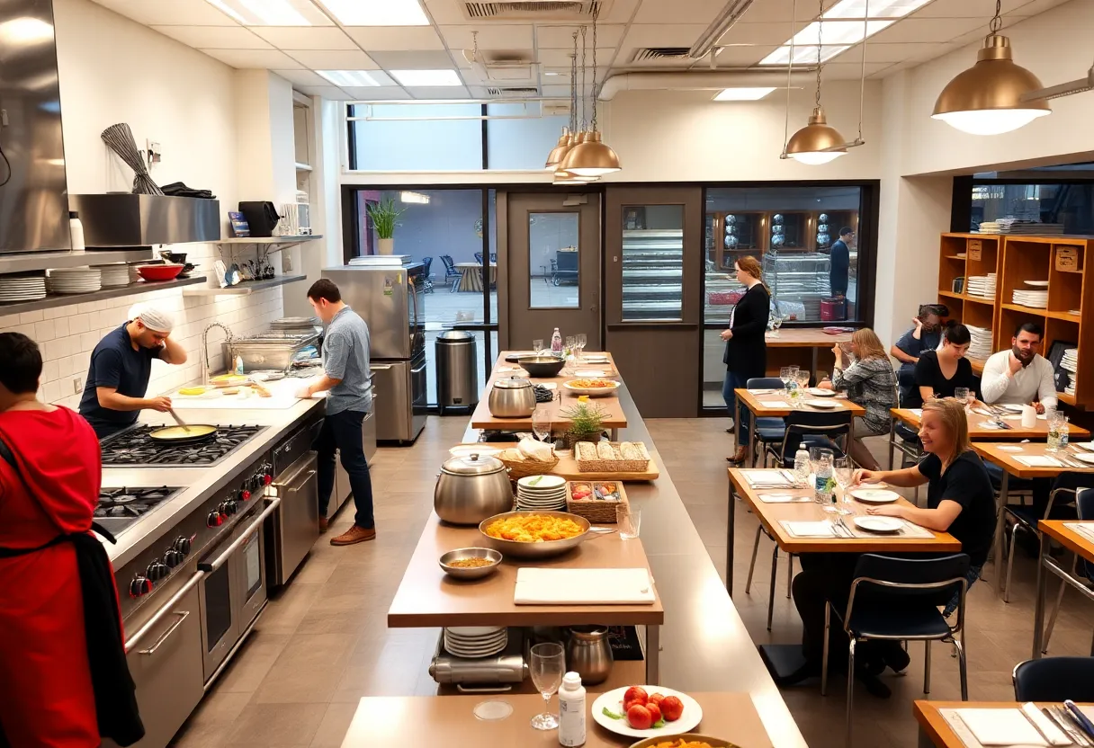 Students cooking in a Savannah culinary institute kitchen