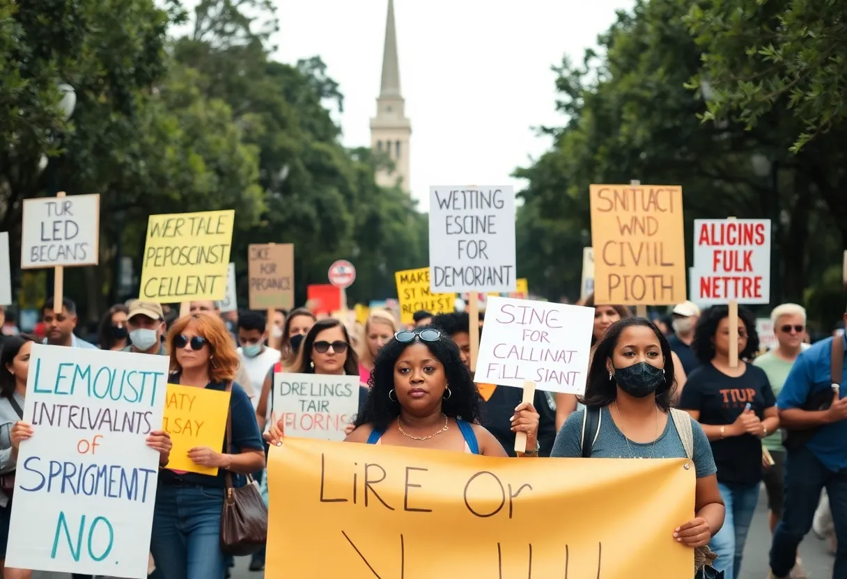 Participants of the Savannah Hands Off Our Democracy march holding signs
