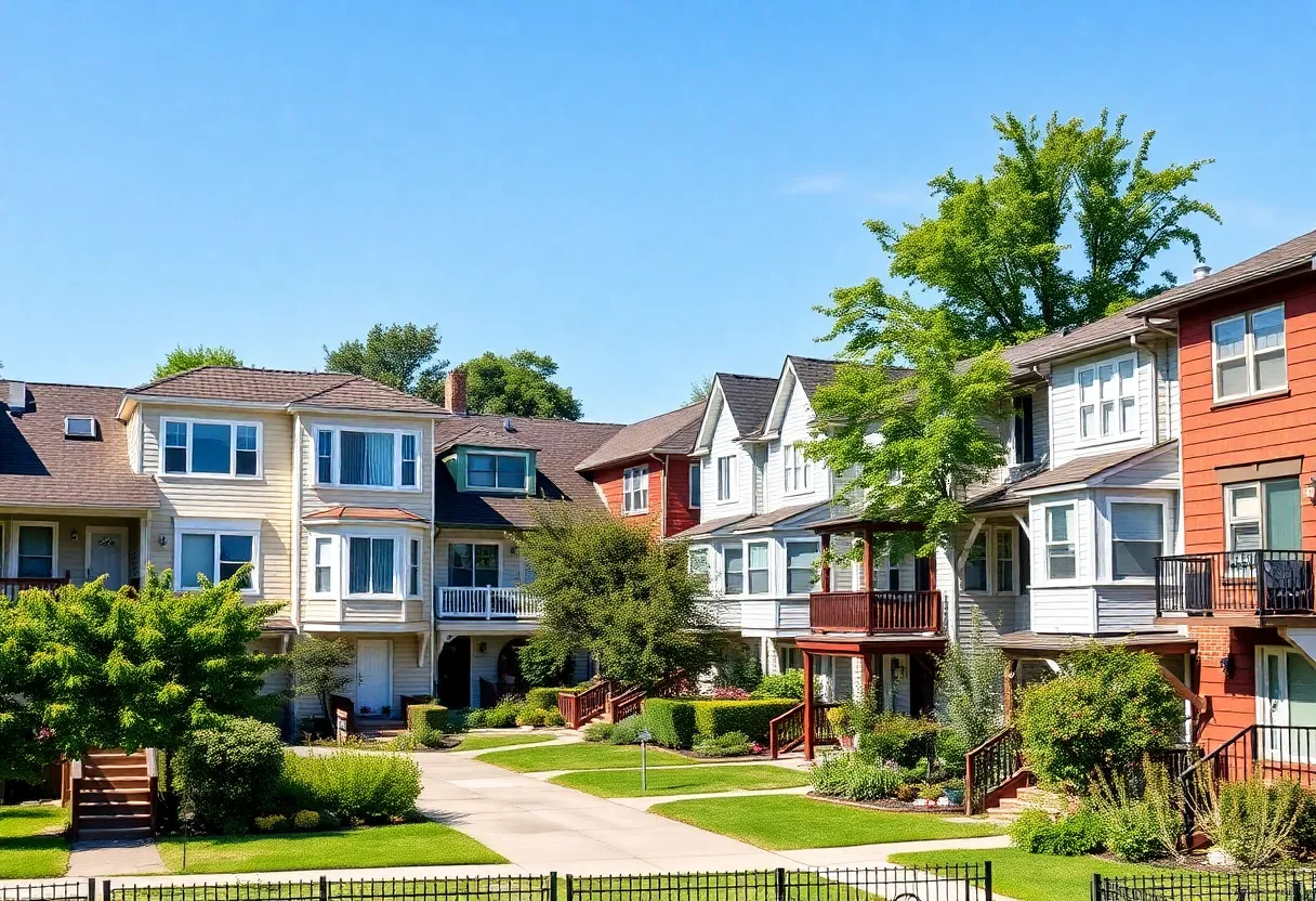An urban neighborhood in Savannah featuring duplexes and quadplexes.