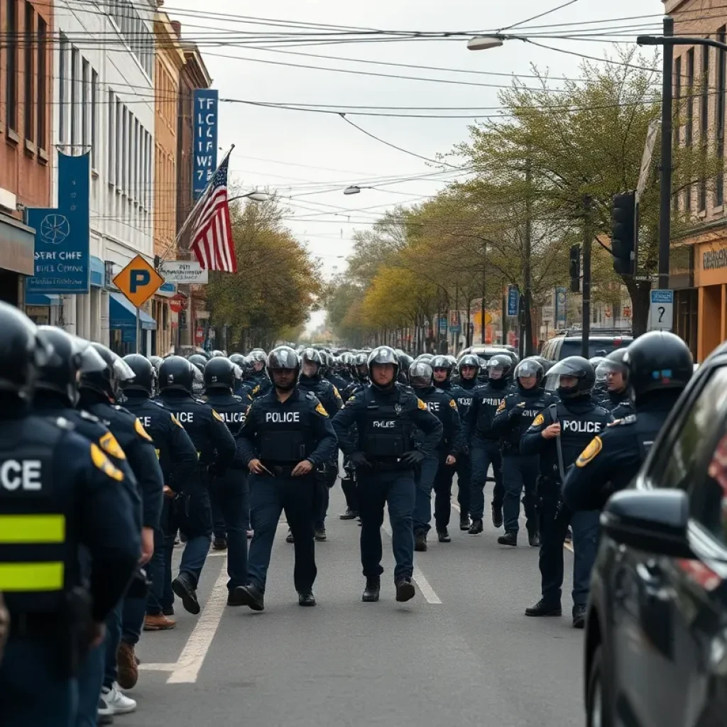 Police standoff scene in Savannah with heavy police presence.