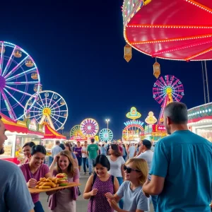 Colorful rides and families enjoying the Savannah Spring Fair