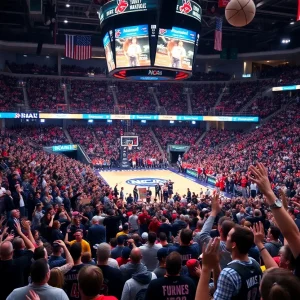 Energetic basketball arena during NCAA Tournament
