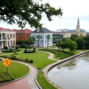 View of Savannah with historical buildings and flooding issues