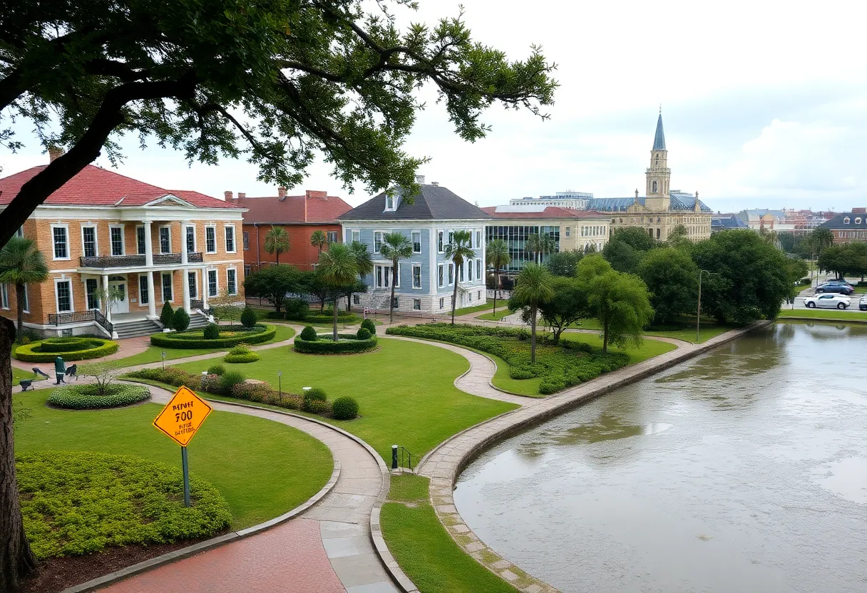 View of Savannah with historical buildings and flooding issues