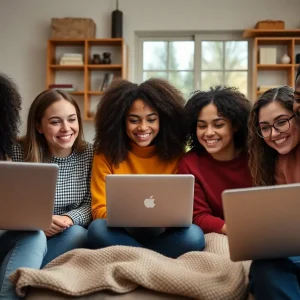 Students using laptops for virtual mental health services