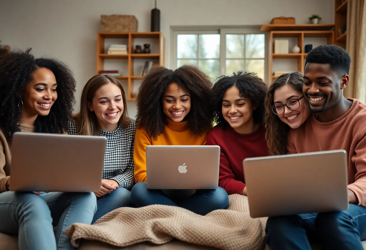 Students using laptops for virtual mental health services
