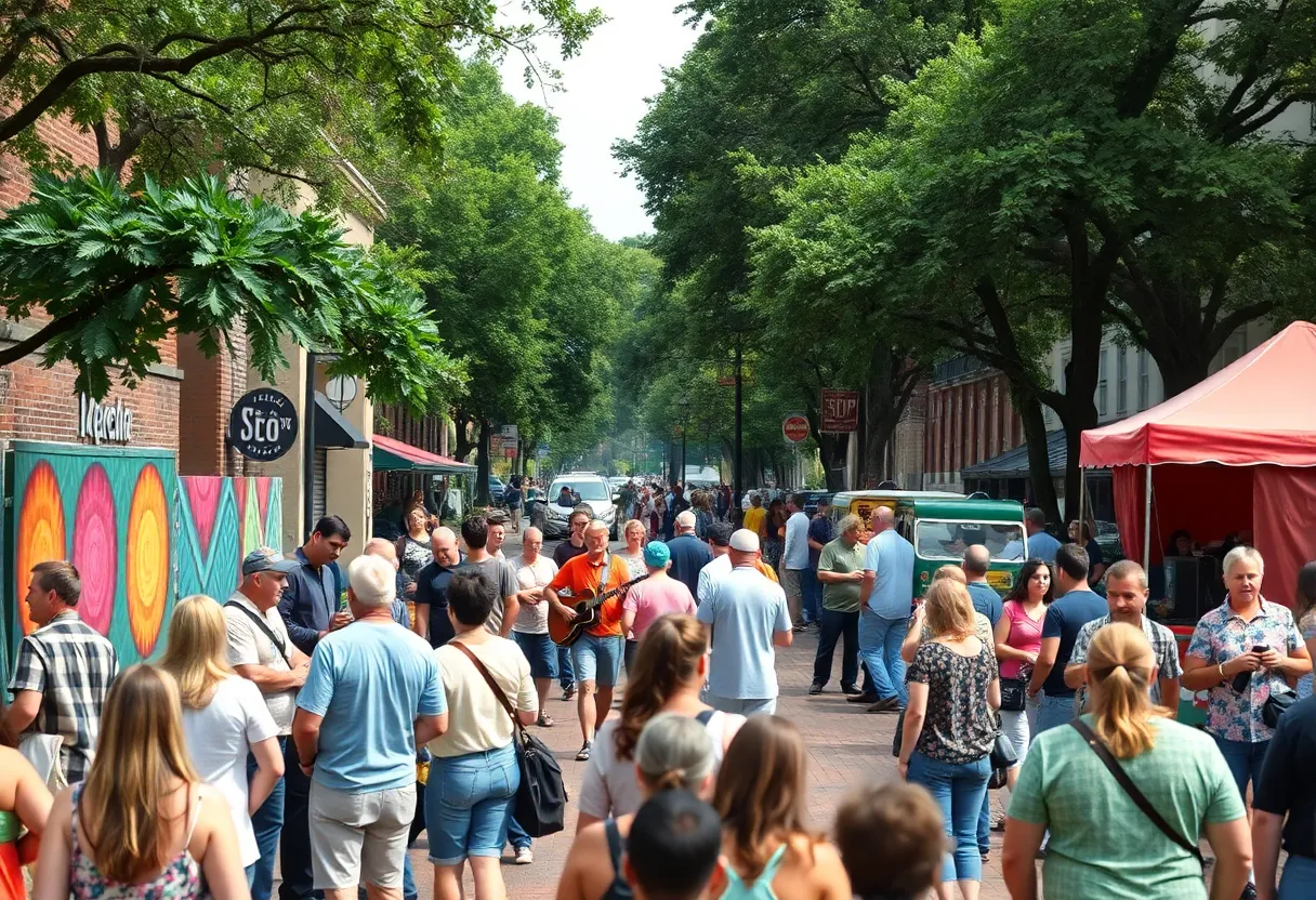 People enjoying Savannah weekend events with music and art.