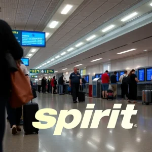 Travelers at Savannah/Hilton Head International Airport with Spirit Airlines branding.