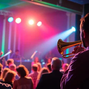 Audience enjoying a jazz performance in Savannah with a performer playing trombone.