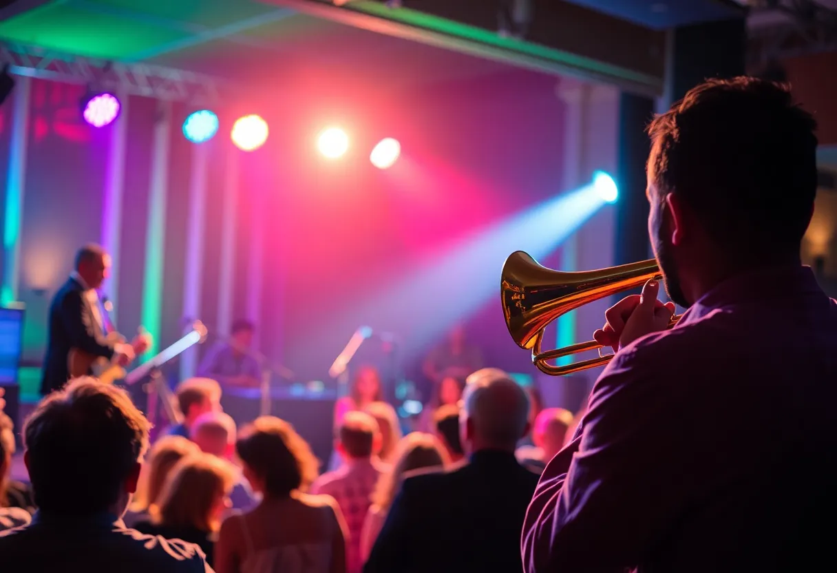 Audience enjoying a jazz performance in Savannah with a performer playing trombone.