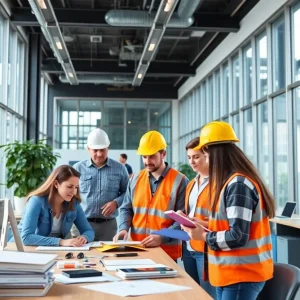 Team members collaborating in a modern engineering office