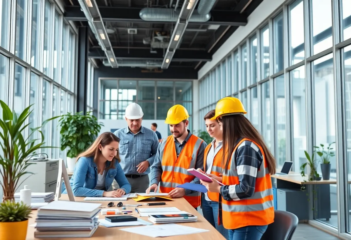 Team members collaborating in a modern engineering office