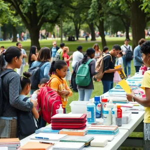 Families enjoying the Tools for School event with school supplies at Cann Park.