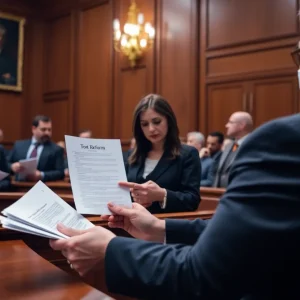 Courtroom scene depicting discussions on tort reform legislation in Georgia.