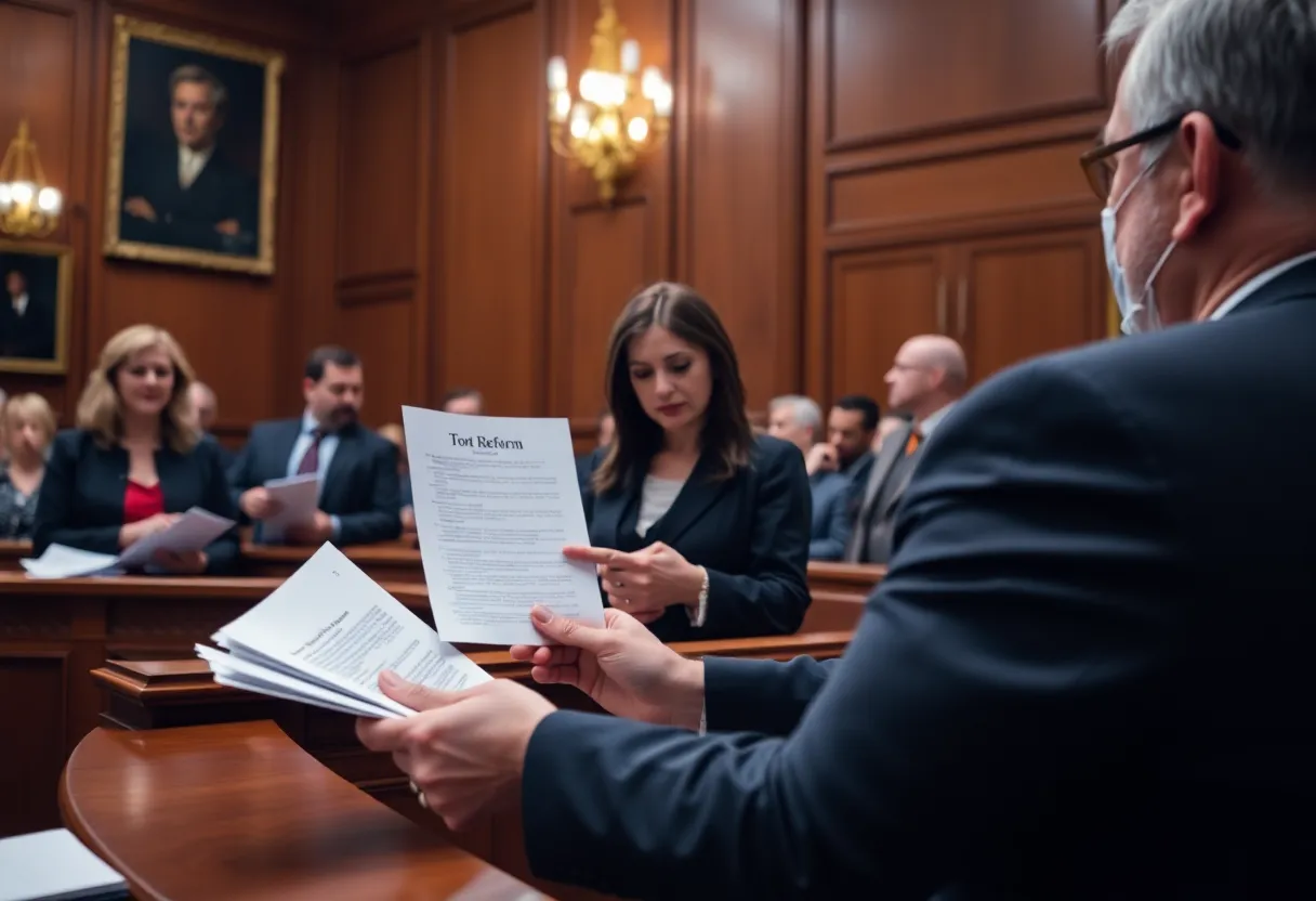 Courtroom scene depicting discussions on tort reform legislation in Georgia.