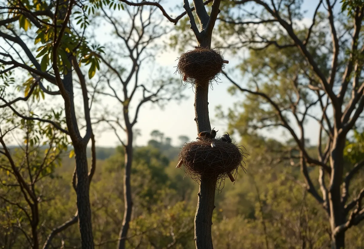 View of trees in Savannah with emphasis on the eradication of Yellow-Legged Hornet nests.