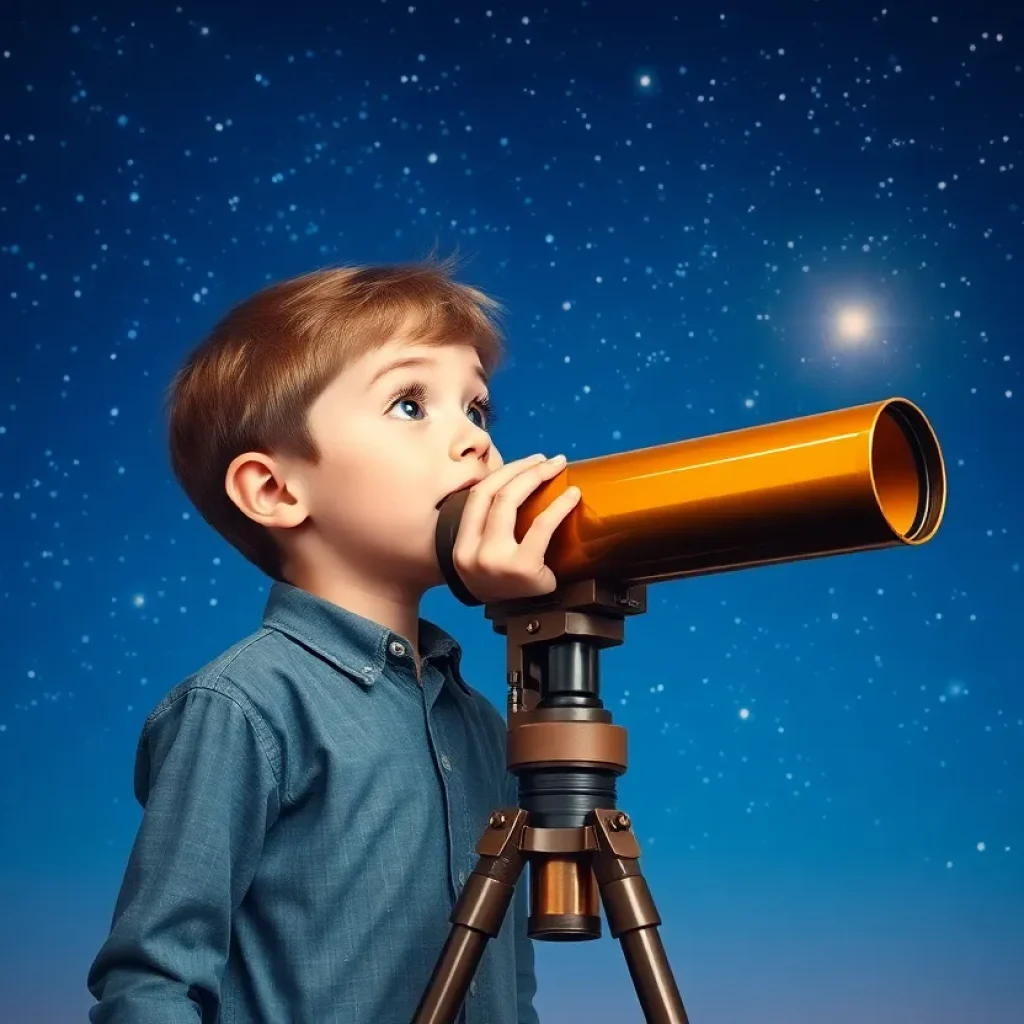 A young boy dreaming of space, representing intelligence and curiosity.
