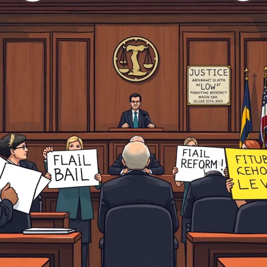 Advocacy group discussing cash bail reform in a courtroom