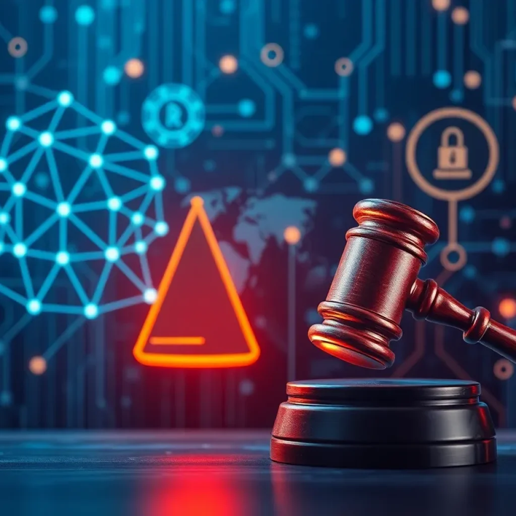 Illustration of artificial intelligence meeting antitrust law concepts.