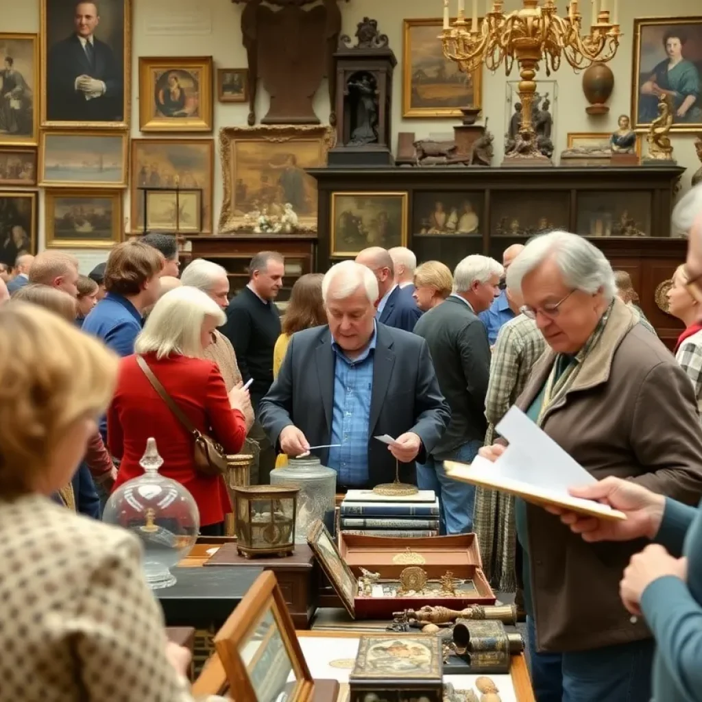 Attendees at the Antiques Roadshow event with collectibles being appraised.