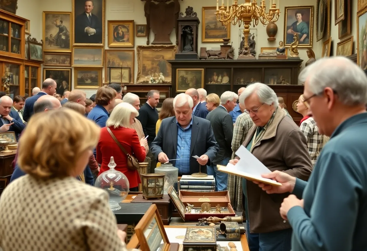 Attendees at the Antiques Roadshow event with collectibles being appraised.