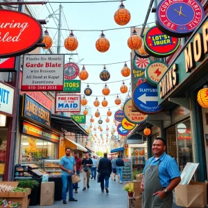 A busy small business marketplace in Atlanta with diverse vendors.