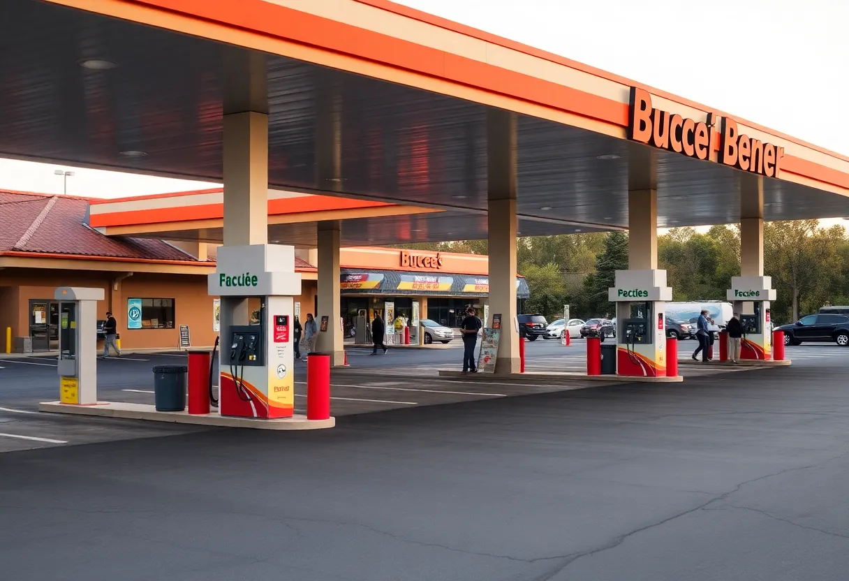 Aerial view of the new Buc-ee's travel center in Brunswick, showcasing fuel pumps and the building.