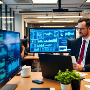 An office scene depicting account receivable automation technology in action.