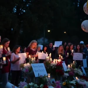 Community members holding candles at a vigil for a murder victim