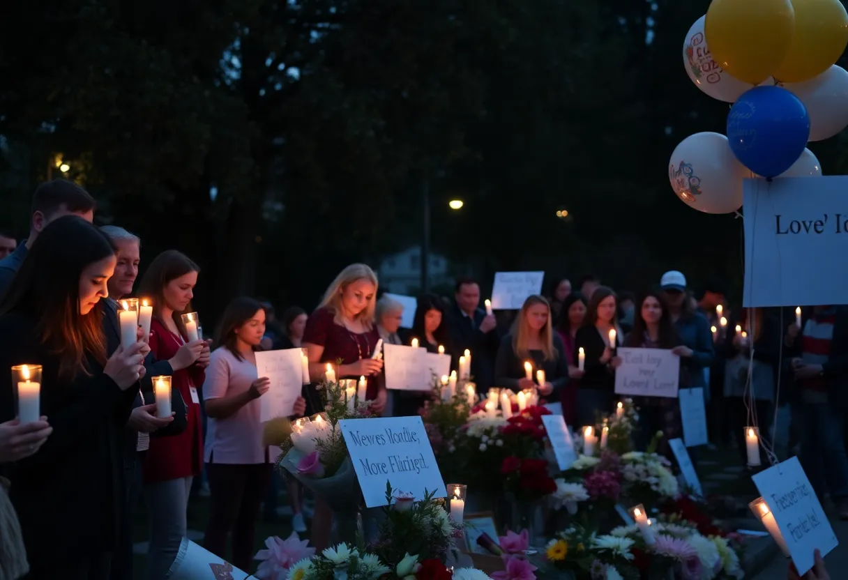 Community members holding candles at a vigil for a murder victim