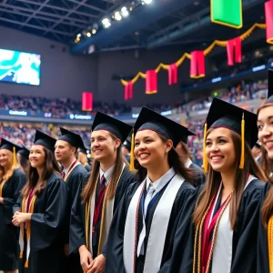 Graduation ceremony at Enmarket Arena with students in caps and gowns