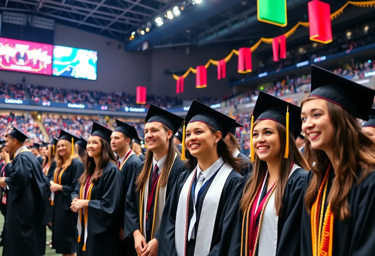 Graduation ceremony at Enmarket Arena with students in caps and gowns