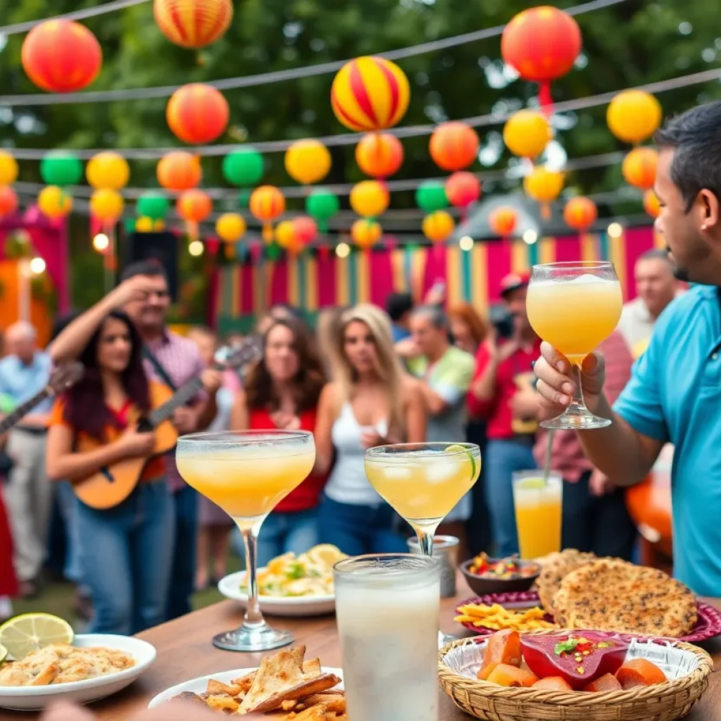 People enjoying Cinco de Mayo festivities in Savannah with food and music.