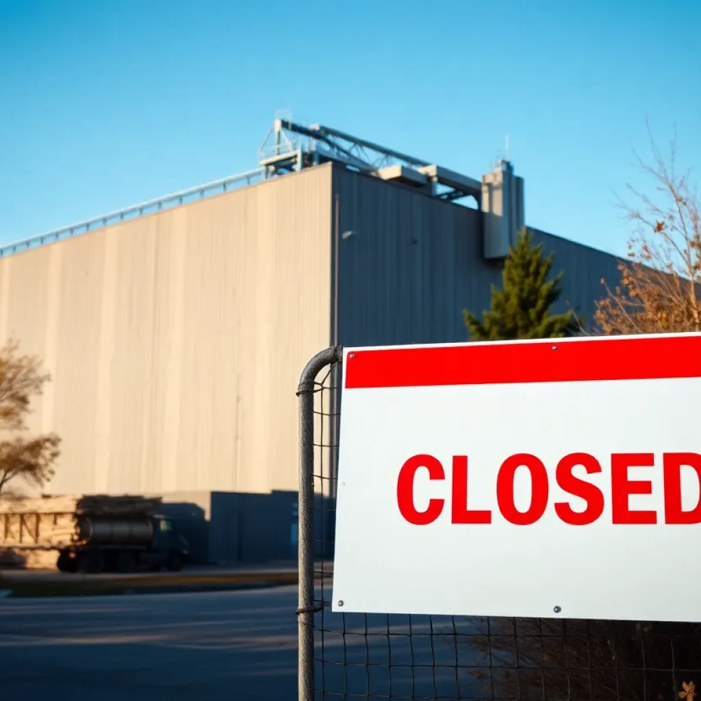 Closed Georgia-Pacific plywood plant with a sign indicating closure