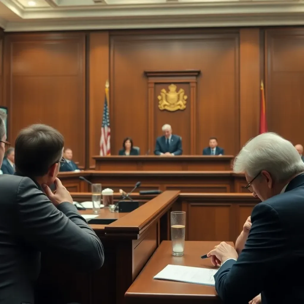 Scene of a federal appeals court hearing regarding a voter intimidation lawsuit