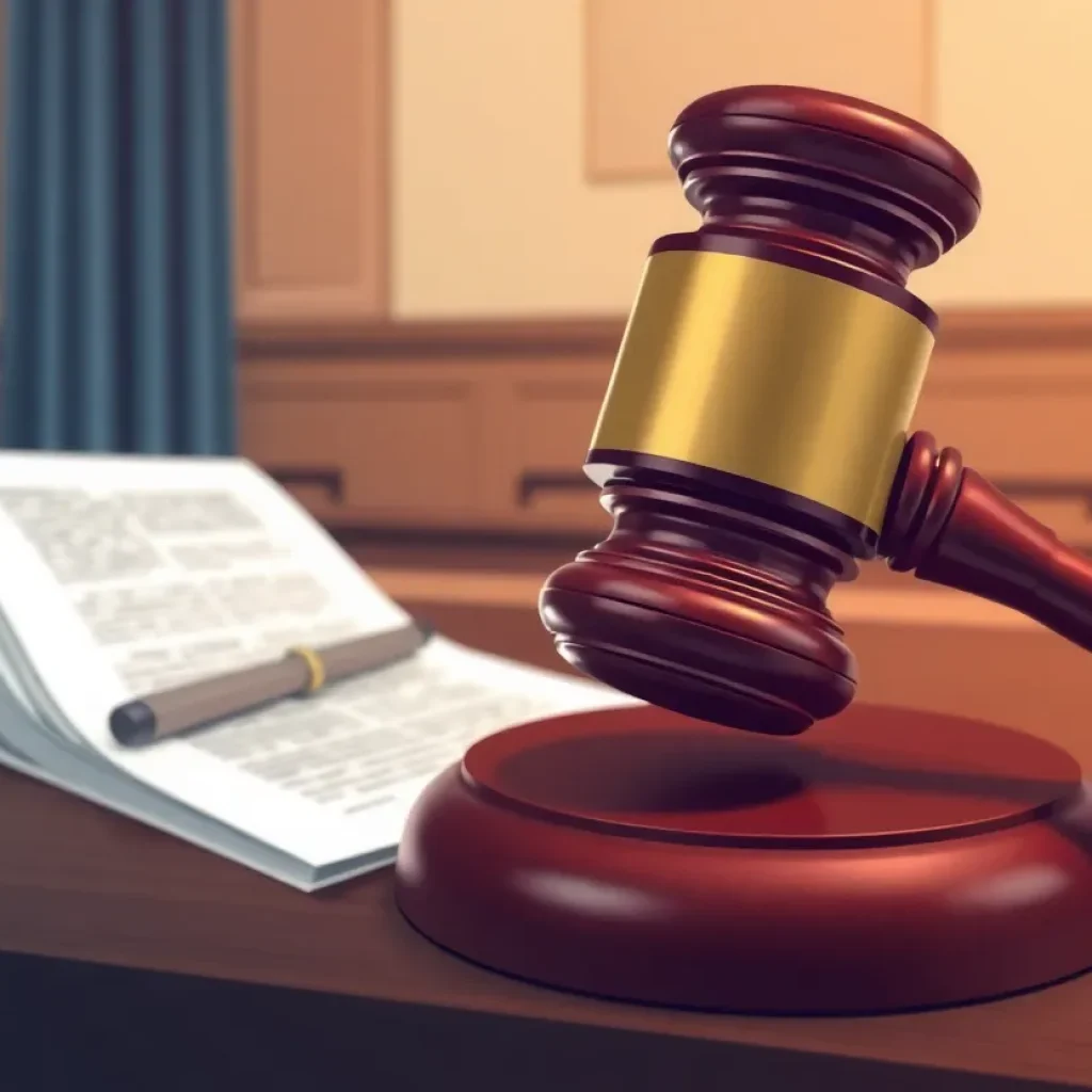 Illustration of a courtroom with a gavel and legal documents