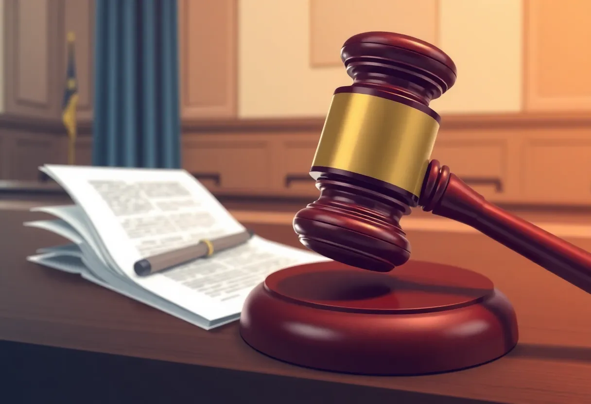 Illustration of a courtroom with a gavel and legal documents