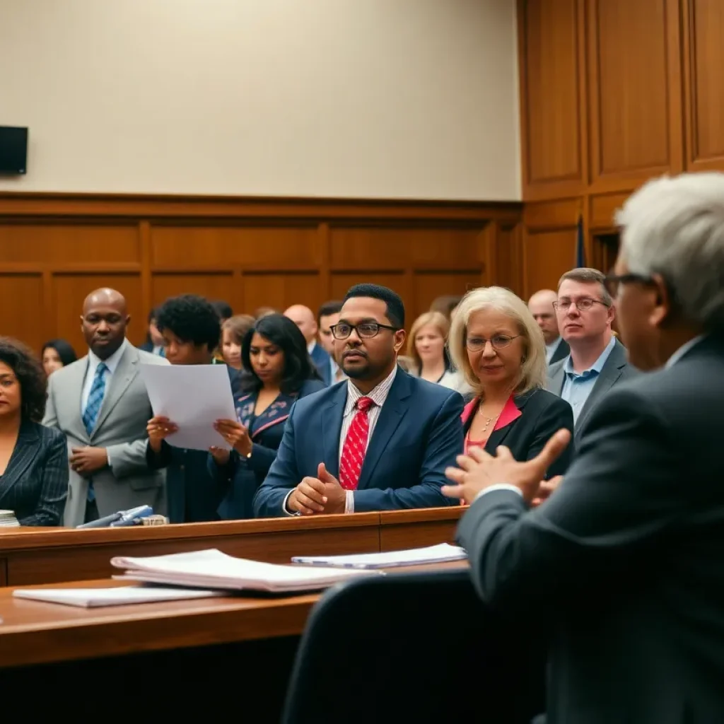 A diverse group of people in a courtroom discussing voter rights and challenges.