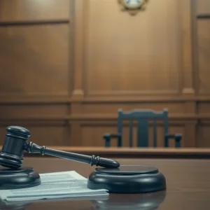 A courtroom with a gavel and empty defendant's chair.