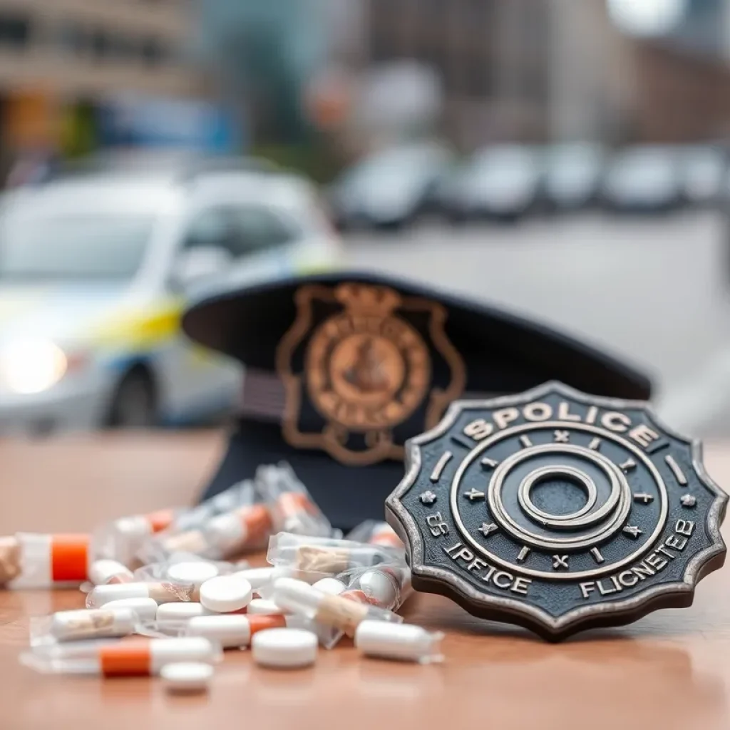Police badge and drug evidence in a law enforcement context