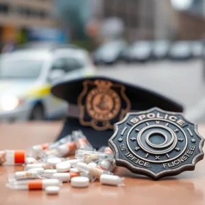 Police badge and drug evidence in a law enforcement context